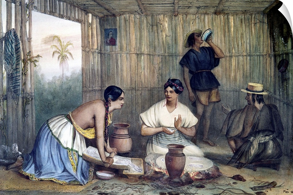 Two Mexican Native Indian women grinding corn on a 'metate' and shaping tortillas. Hand-colored lithograph after a drawing...