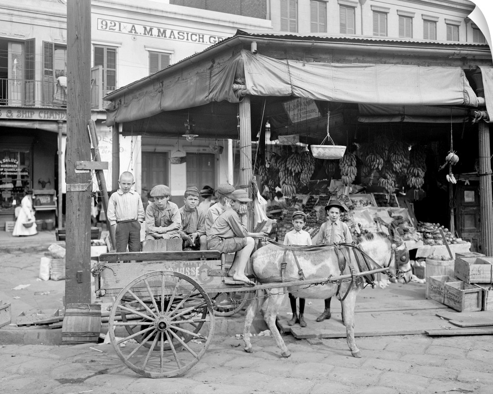 New Orleans, Market, C1905. Boys Riding In A Mule-Drawn Cart On A Corner Of the French Market In New Orleans, Louisiana. P...