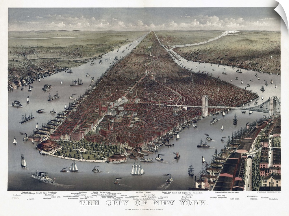 Bird's-eye view of New York and parts of Brooklyn. Lithograph by Currier & Ives, 1884.