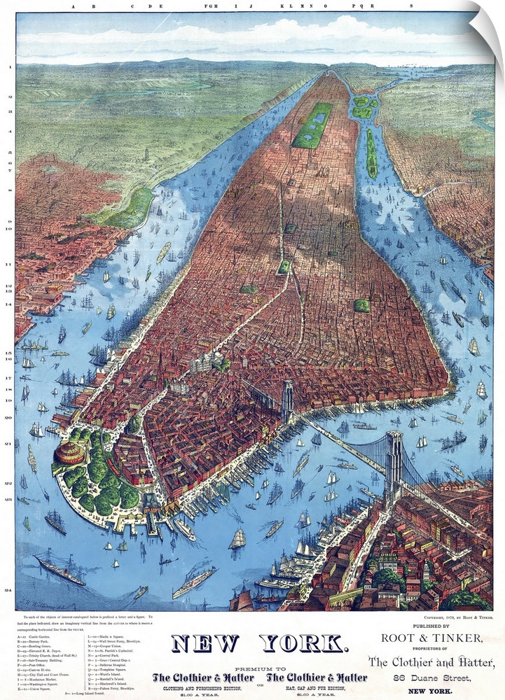 Bird's-eye view of New York City. Map drawn by J.W. Williams, published by Root & Tinker, 1879.