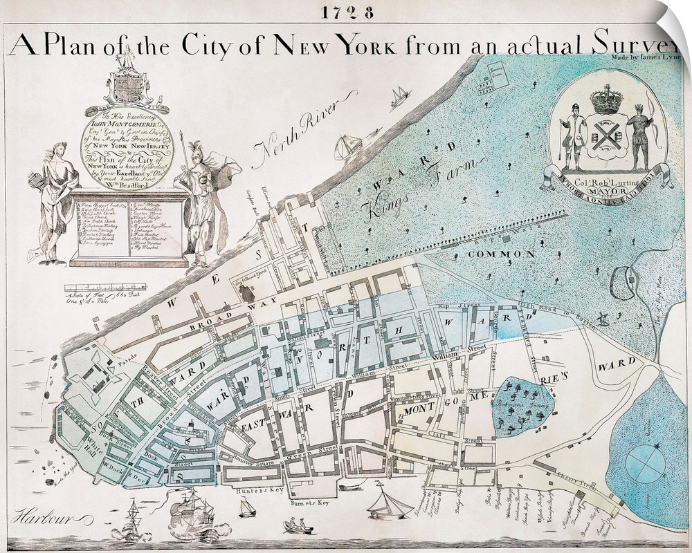 'A Plan of the City of New York from an Actual Survey.' Engraved map of Manhattan, 1728, from a survey by James Lyne.