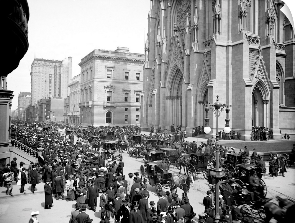 Crowds in front of St. Patrick's Cathedral on Fifth Avenue in New York City on Easer Sunday. Photographed in 1904.