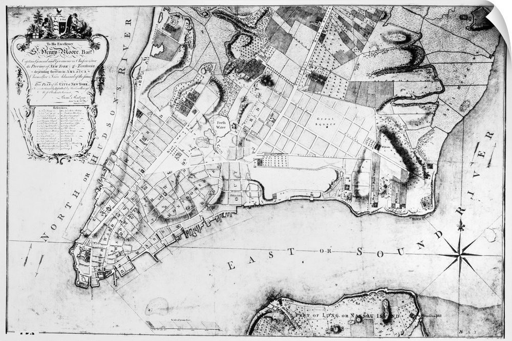 Plan of the City of New York, surveyed in 1767 by Bernard Ratzer, and inscribed by Ratzer to Henry Moore. The map also sho...