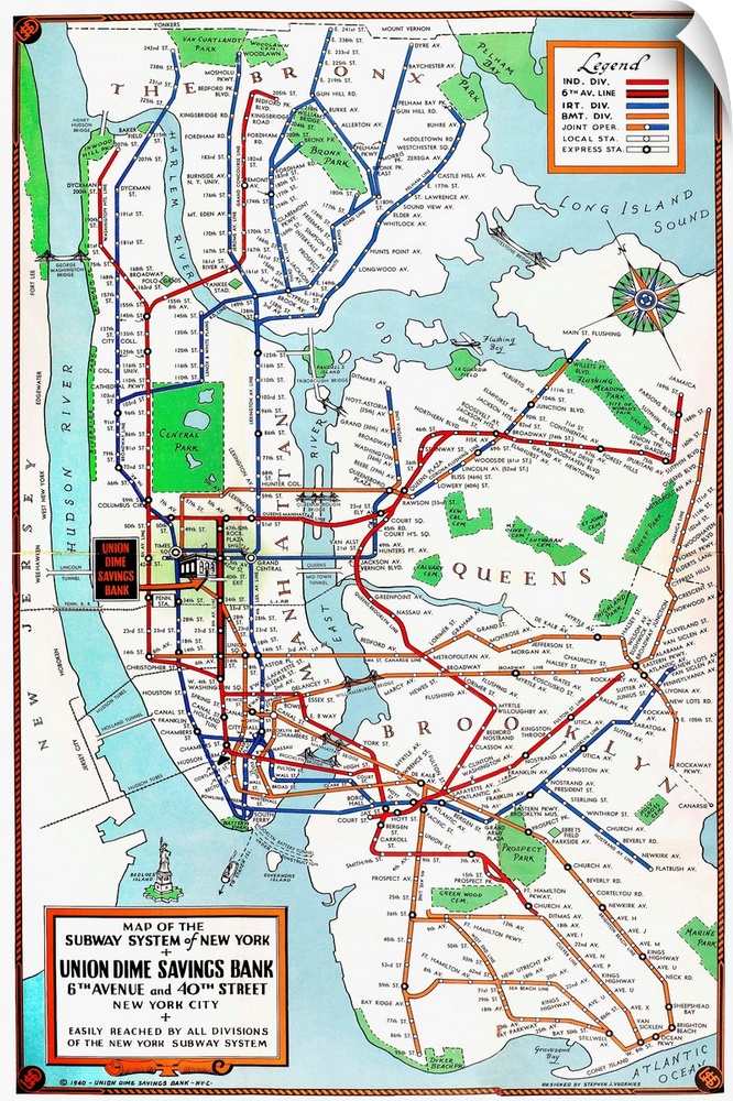 New York, Subway Map, 1940. Map Of the Subway System Of New York City, Published By the Union Dime Savings Bank, 1940.