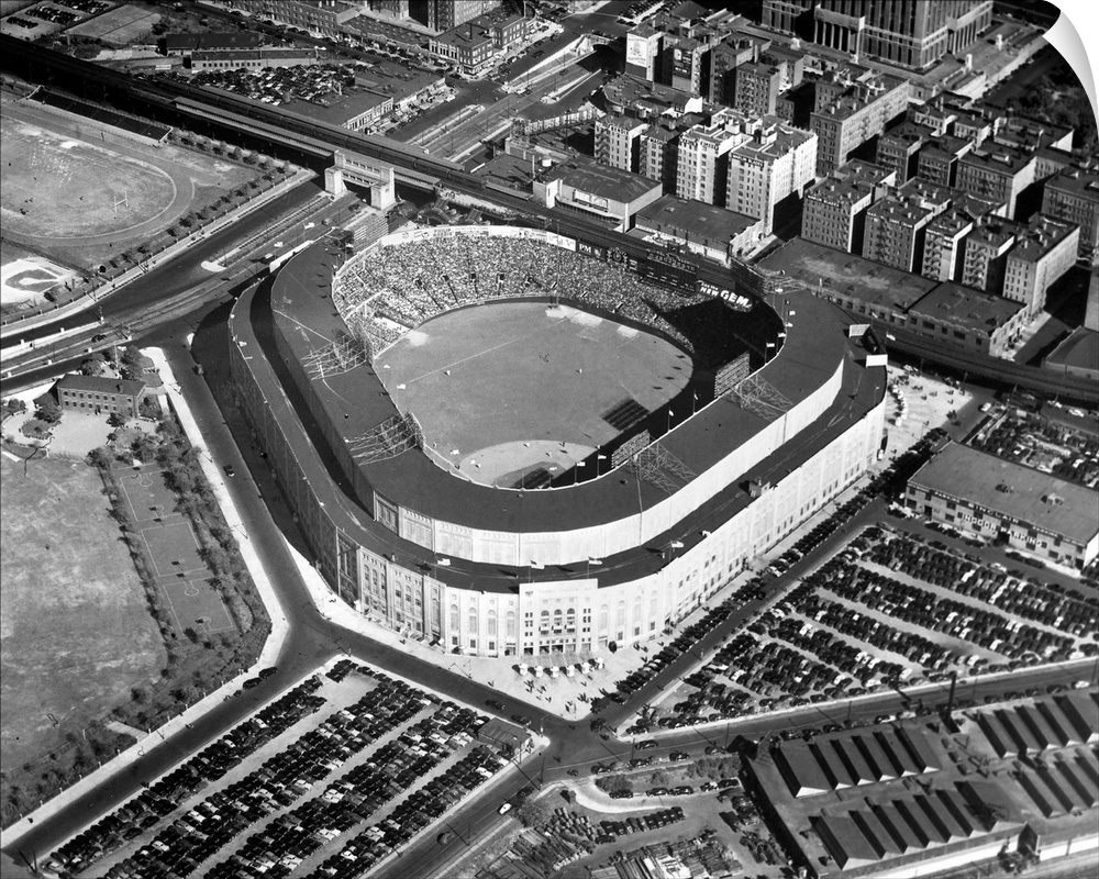Aerial view of Yankee Stadium in the Bronx, where an audience of 73,000 is watching the opening game of the 1947 World Ser...