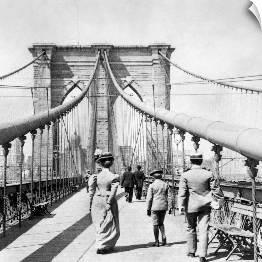 On the pedestrian promenade of the Brooklyn Bridge. Photograph, from a stereograph view, c1899.