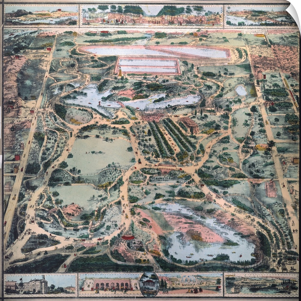 A bird's-eye-view, with Fifth Avenue at right and Bethesda Fountain in the center: American lithograph, c1870.