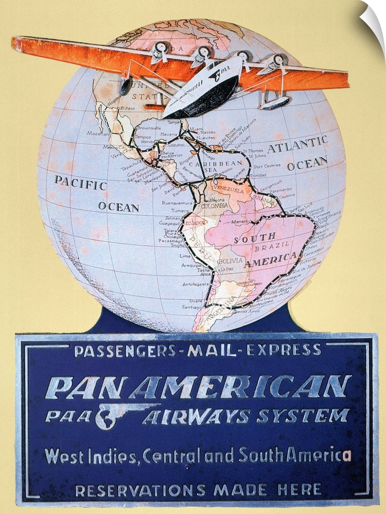 A Pan American Airways display card from 1934 featuring a Sikorsky S-42 airplane.