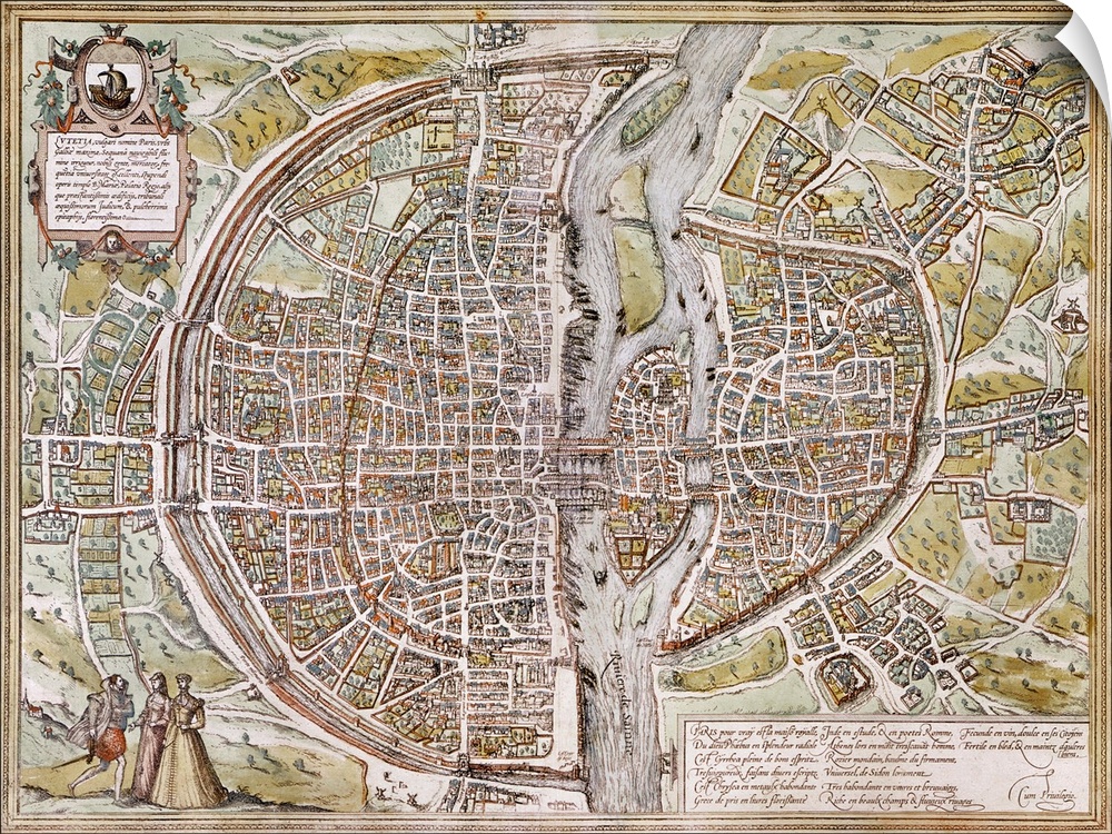 Map of Paris, France, by Georg Braun from 'Civitates Orbis Terarum,' 1581.