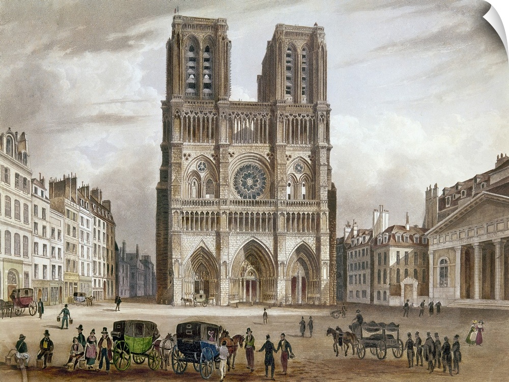 View of the facade of Notre Dame Cathedral in Paris, France. Color line engraving, early 19th century.
