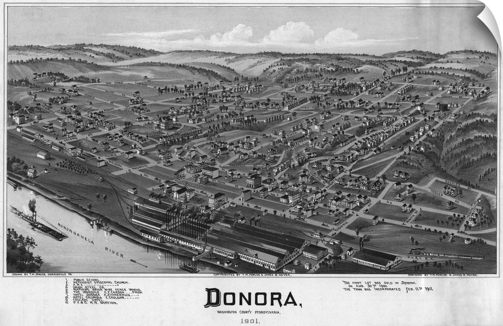 Pennsylvania, Donora, 1901. Aerial View Of Donora, Washington County, Pennsylvania. Lithograph From A Drawing By T.M. Fowl...