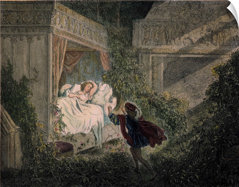The prince discovering Sleeping Beauty. Colored engraving from an 1867 edition of the Perrault fairy tale illustrated afte...