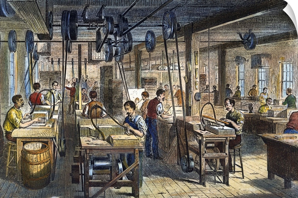 View in the action room of the Chickering Pianoforte Manufactory, New York City. Line engraving, 1878.