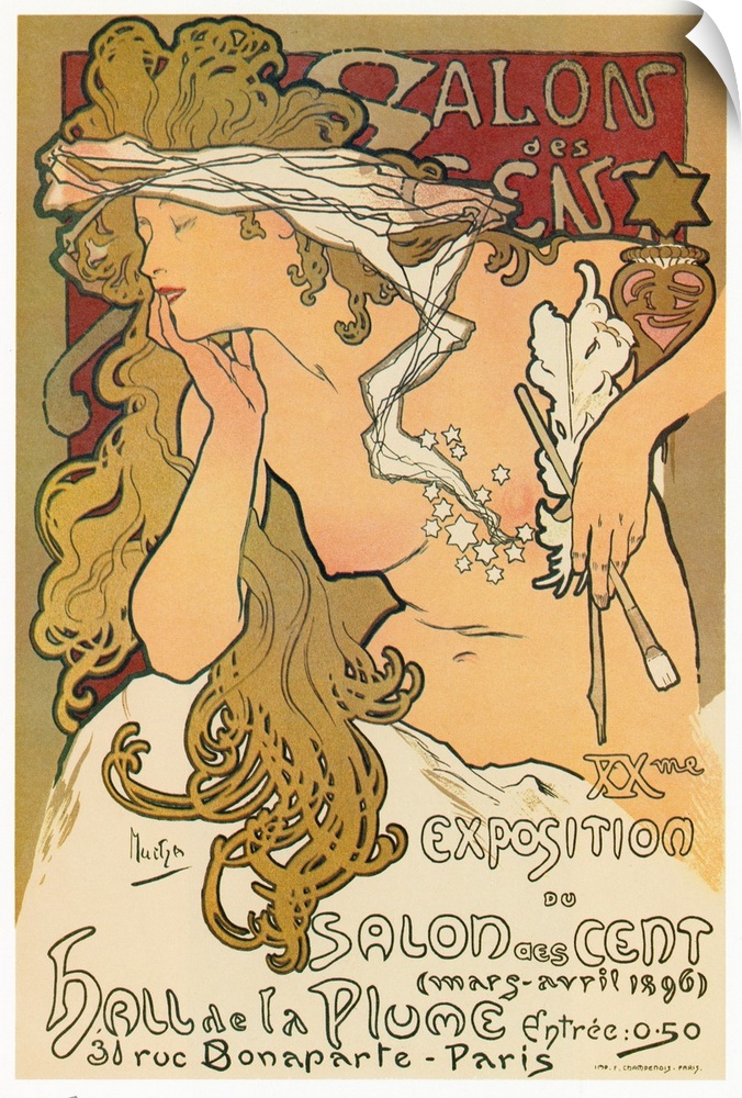 Poster for the 20th exhibition at the Salon des Cent in Paris, France. Lithograph by Alfons Maria Mucha, 1896.