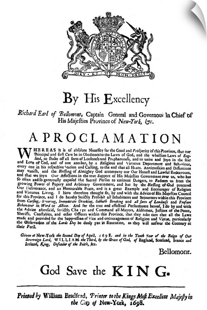 Proclamation by English colonial Governor Bellomont regarding cursing, swearing, sabbath-breaking, etc. Printed by William...