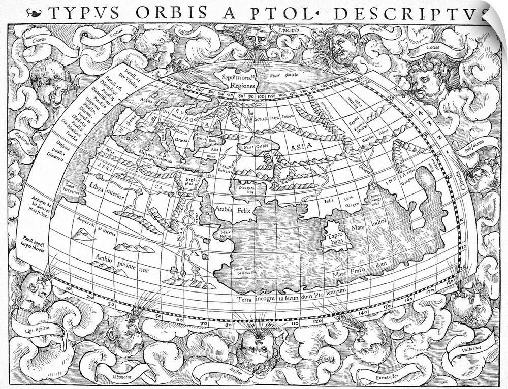Ptolemy, Geography. Woodcut Map Of Europe, Africa And Asia From A 1545 Edition Of Ptolemy's 'Geography.'