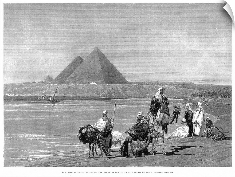 Pyramids At Giza, 1882. the Pyramids At Giza, Egypt, During An Inundation Of the Nile River. Wood Engraving, English, 1882.