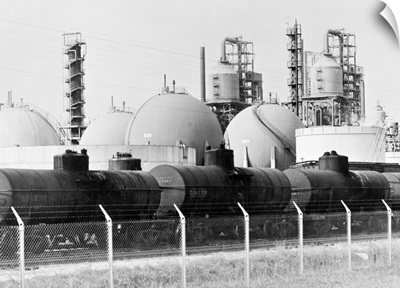 Railroad cars lined up to receive cargoes gasoline from a refinery