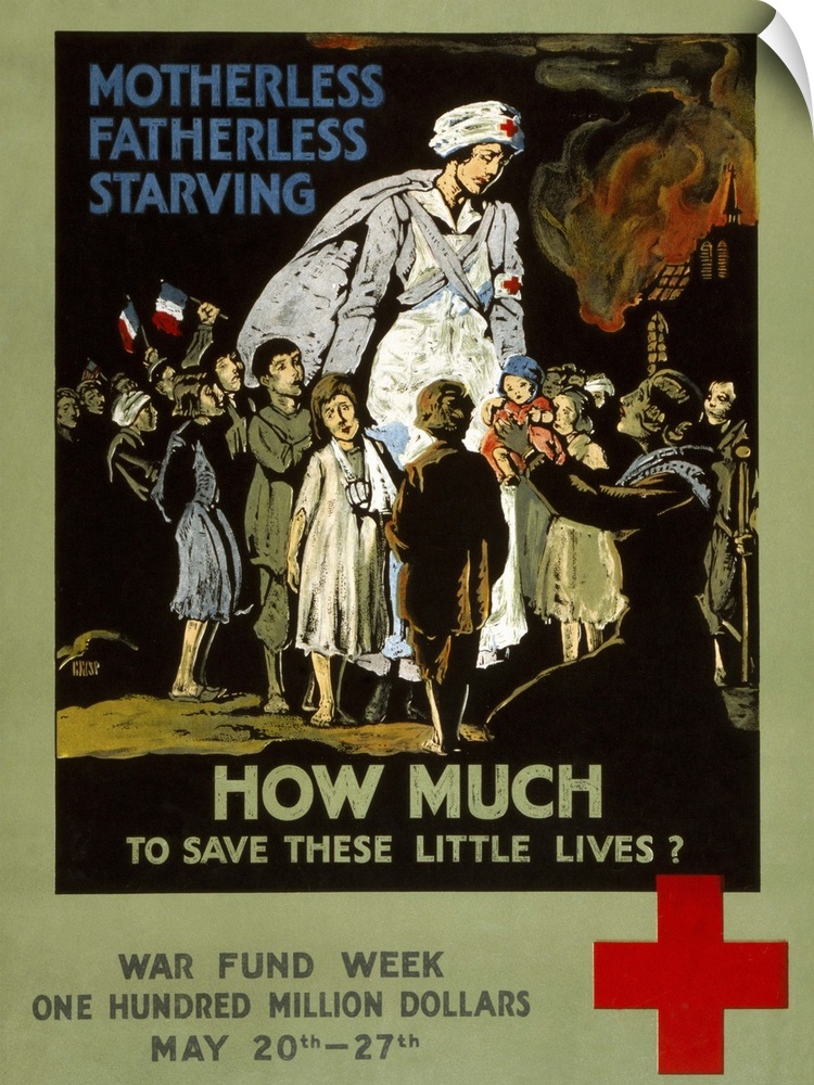 American Red Cross fundraising poster with a Red Cross nurse among French children. Lithograph, 1917.