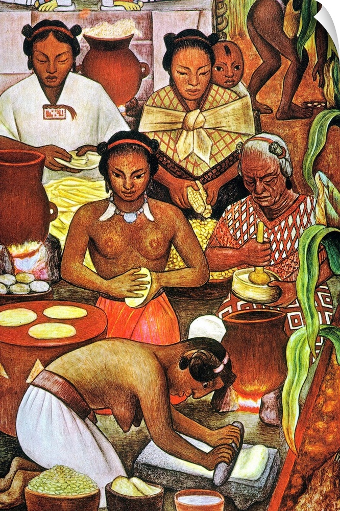 Detail from a mural by Diego Rivera showing Aztec women grinding corn and making tortillas from the flour.
