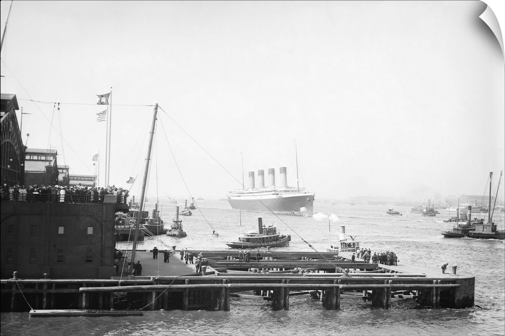 The arrival of the RMS Olympic ocean liner in New York Harbor after her 1911 maiden voyage. The ship was built for the Whi...