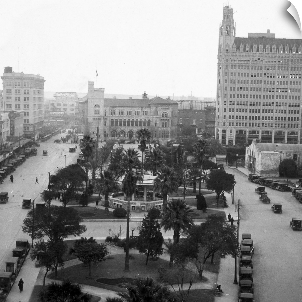 The Alamo Plaza at San Antonio, Texas, with the Alamo Mission at right. Stereograph view, c1920.