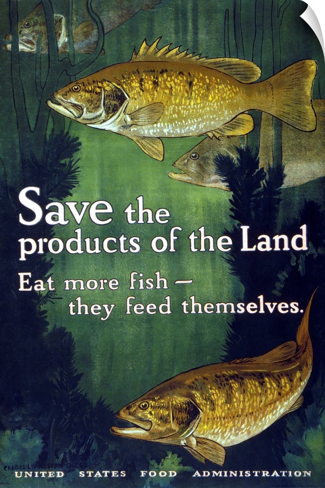 'Save the products of the land - Eat more fish - They feed themselves.' Lithograph by Charles Livingston Bull, 1917.