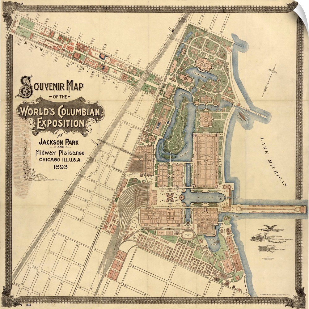 Map, World's Fair, 1893. Souvenir Map Of the World's Columbian Exposition At Jackson Park And Midway Plaisance In Chicago,...