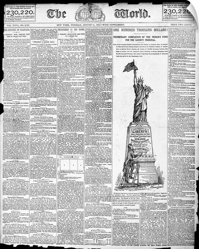 Front page of Joseph Pulitzer's New York newspaper 'The World,' 11 August 1885, hailing the raising of $100,000 for the co...