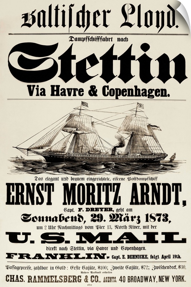 German language poster, 1873, for Baltic Lloyd's transatlantic passenger steamship service, with departure from New York f...
