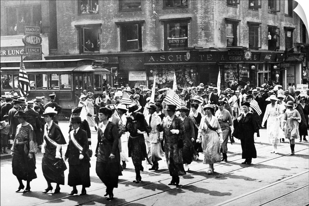 Suffragettes marching in a Victory Parade in New York, probably celebrating the passing of the 19th Amendment, 1920.