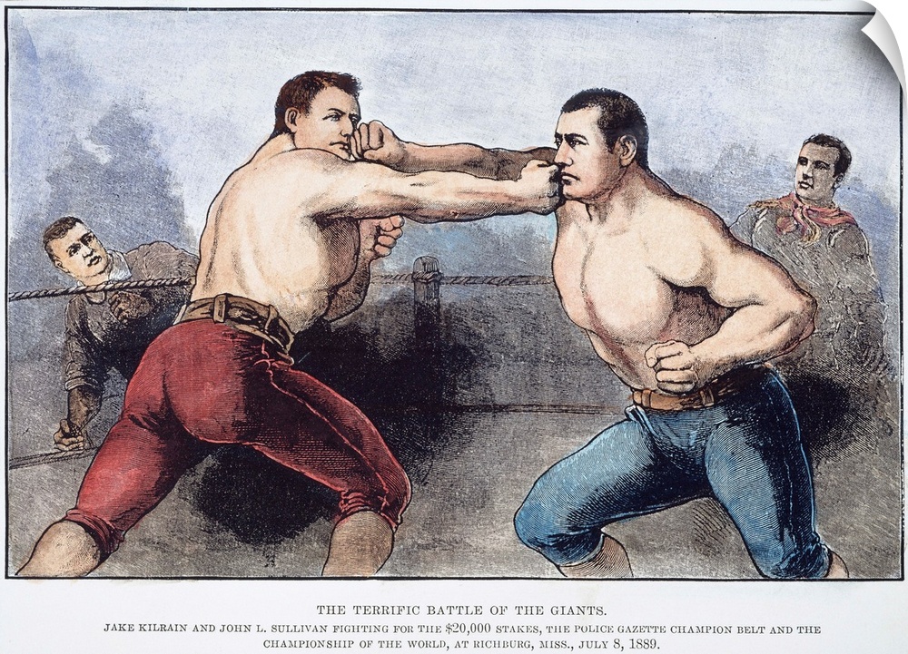Jake Kilrain (left) and John L. Sullivan in the 75-round contest (8 July 1889) at Richburg, Mississippi, won by Sullivan i...