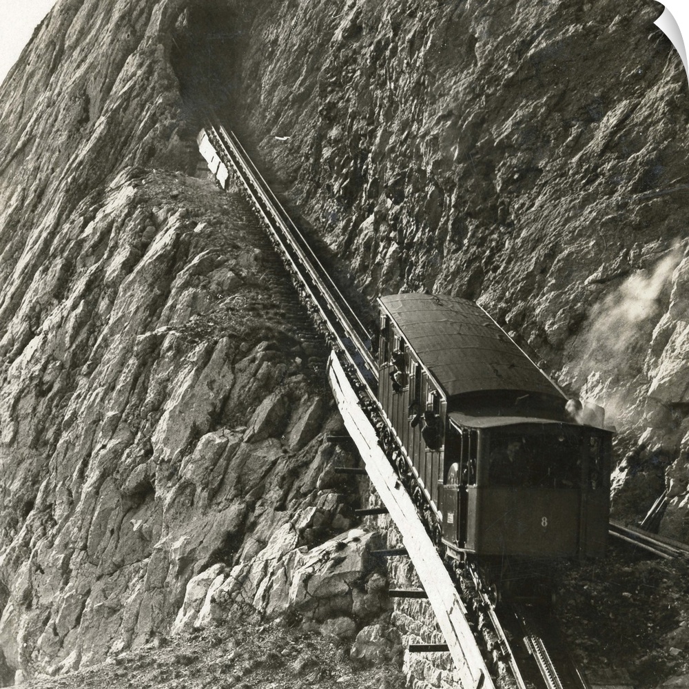 Switzerland, Mt. Pilatus. 'The Railway Up Mt. Pilatus - Car Approaching the Summit, Switzerland.' Stereograph, C1908.
