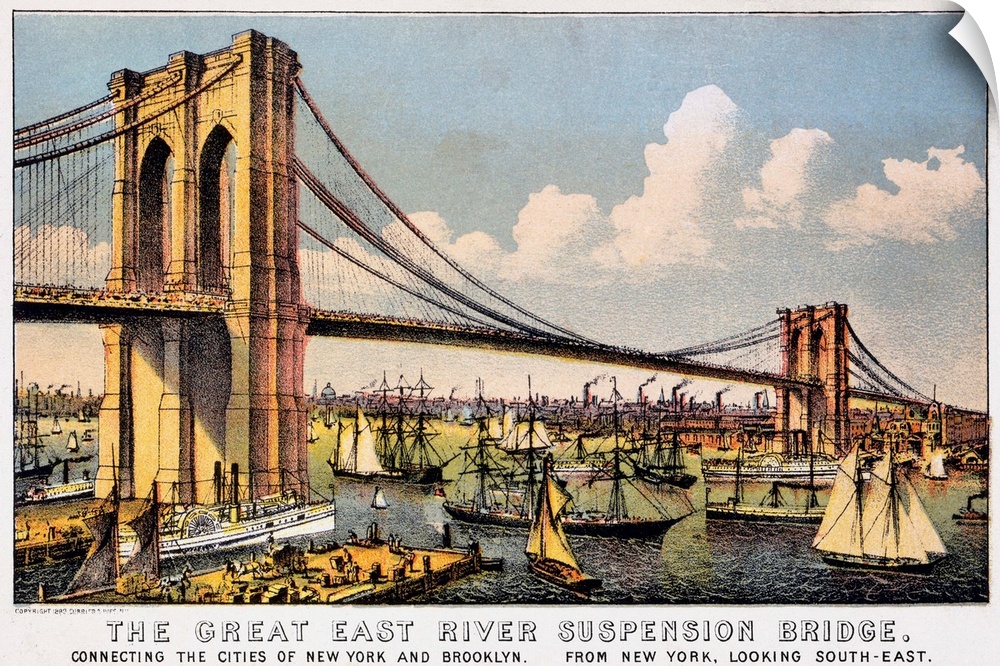 'The Great East River Suspension Bridge.' View of the Brooklyn Bridge connecting Manhattan and Brooklyn. Lithograph by Cur...