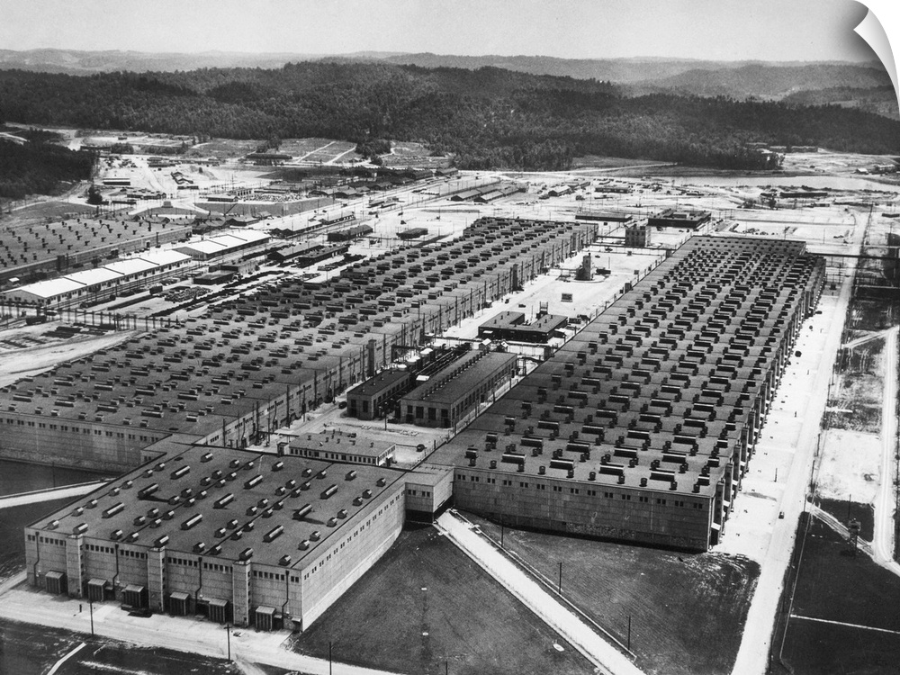 The K-25 gaseous diffusion plant at Oak Ridge, Tennessee, where radioactive material was produced for the first atomic bom...