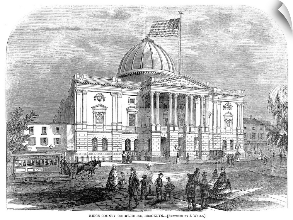 The Kings County Courthouse in Brooklyn, New York. Wood engraving, American, 1865.