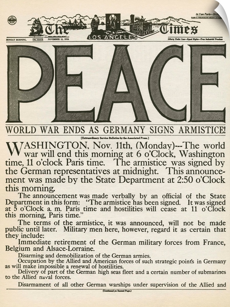 The front page of 'The Los Angeles Times,' 11 November 1918.