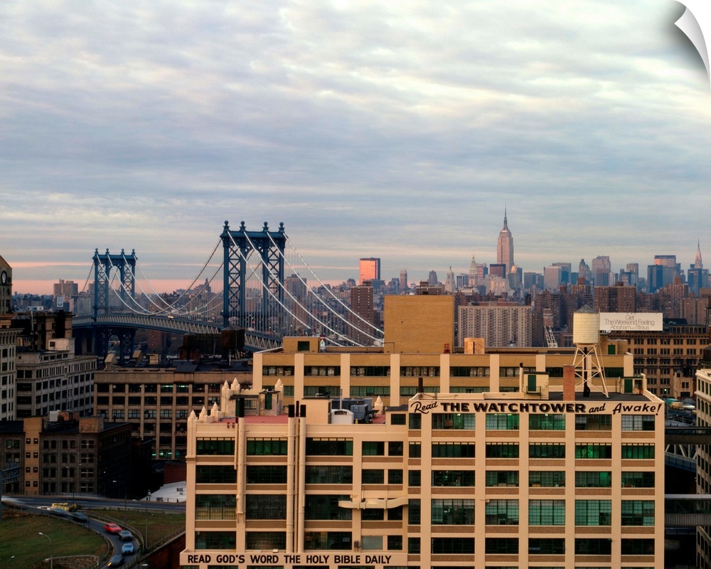 The Manhattan Bridge and Watchtower building, with the Manhattan skyline in the background. Photograph by Jet Lowe, 1991.