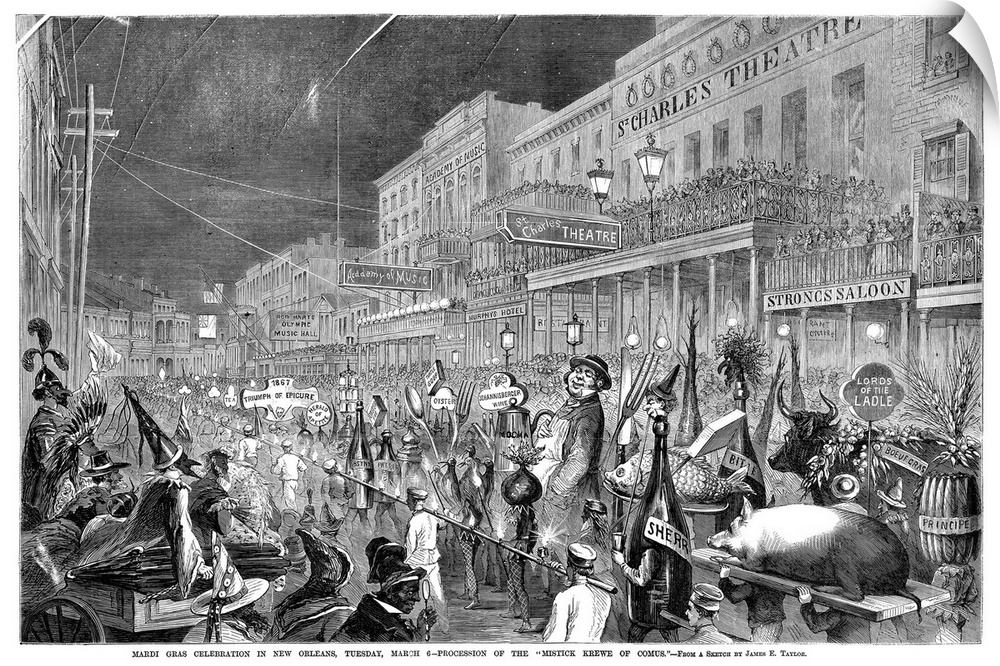 New Orleans, Mardi Gras. 'Procession Of the Mistick Krewe Of Comus.' The Mardi Gras Parade In New Orleans, 6 March 1867. C...