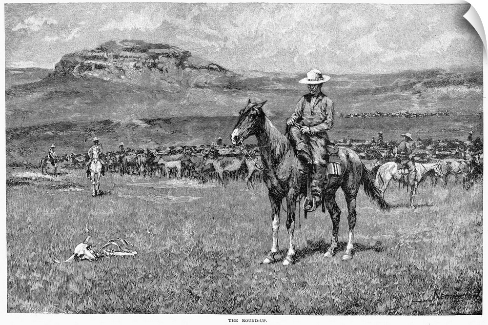 Remington, Cowboy, 1888. 'The Round-Up.' Wood Engraving, 1888, After A Drawing By Frederic Remington (1861-1908).