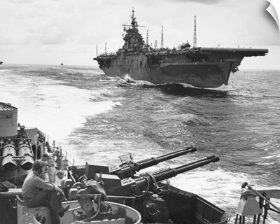 The USS Essex aircraft carrier as seen from the USS Ault, 1943