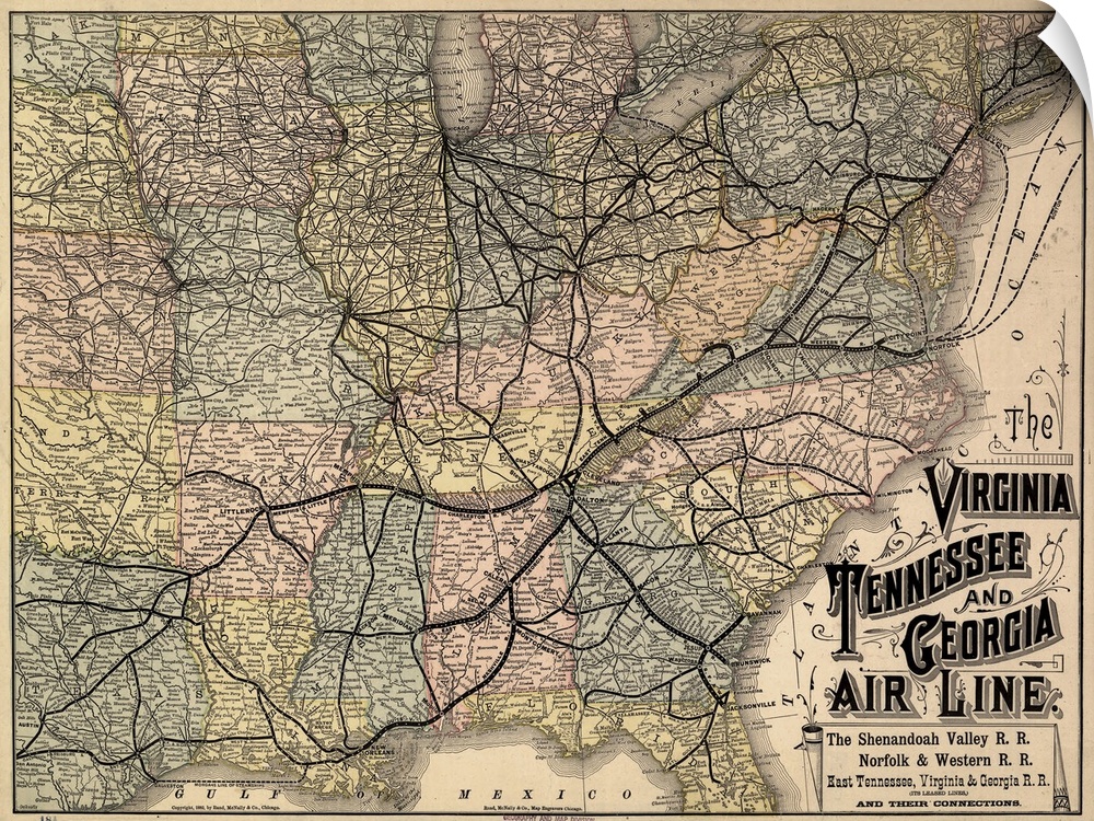 Map, Railroad, 1882. 'The Virginia, Tennessee, And Georgia Air Line; the Shenandoah Valley R.R.; Norfolk and Western R.R.;...