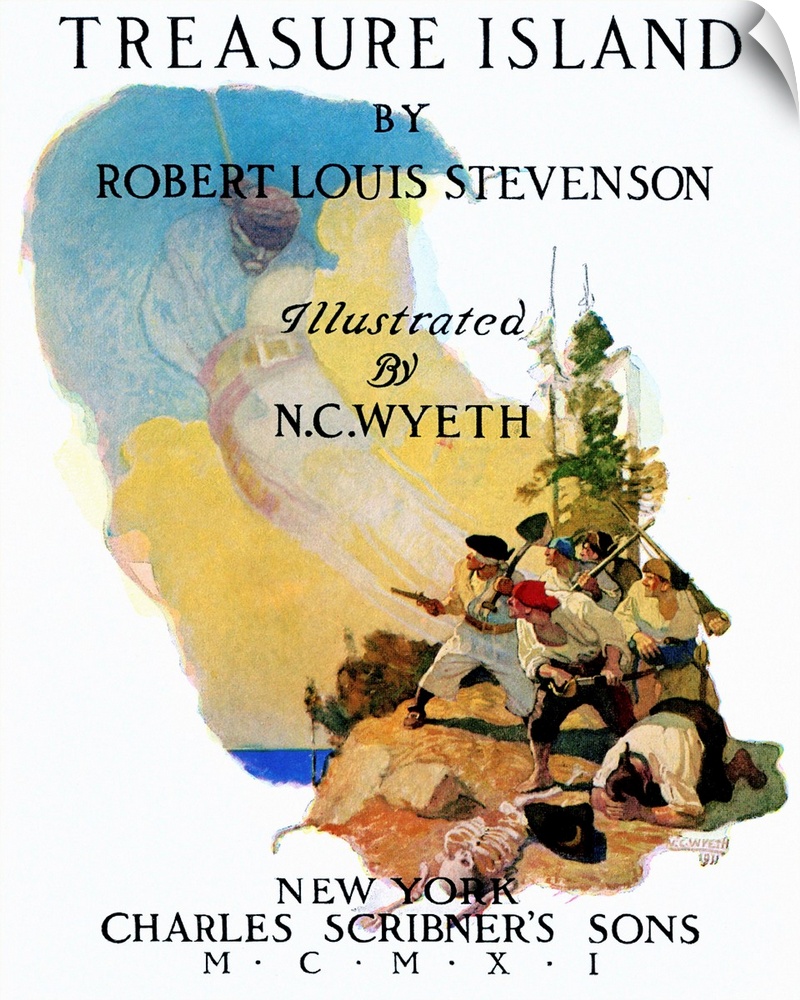 Title page illustration by N.C. Wyeth for a 1911 edition of Robert Louis Stevenson's 'Treasure Island,' first published in...