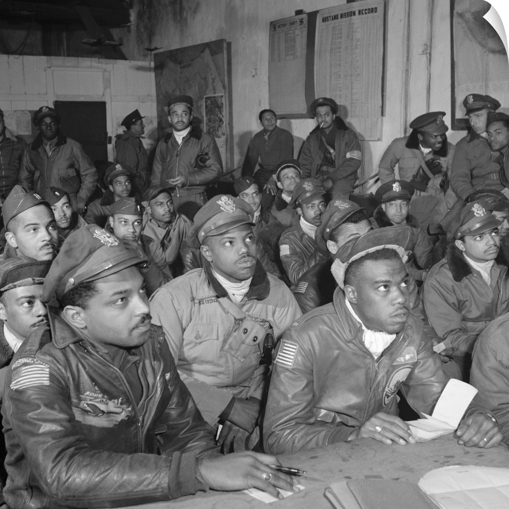Tuskegee Airmen at a briefing at Ramitelli Airfield, Italy. Photograph by Toni Frissell, March 1945.