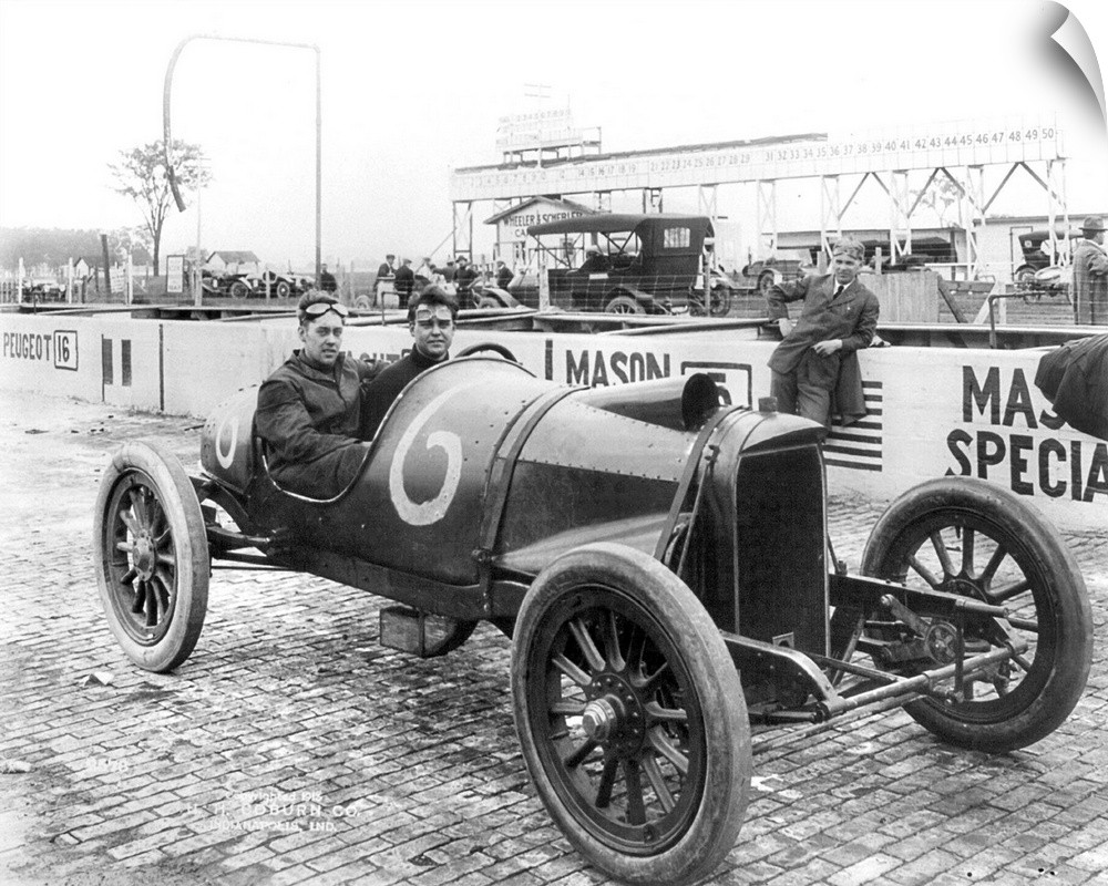 Two racecar drivers at a racetrack in Indianapolis. Photograph, c1913.