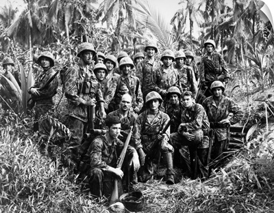 U.S. Marine Raiders posing in front of a Japanese dugout, Bougainville, New Guinea