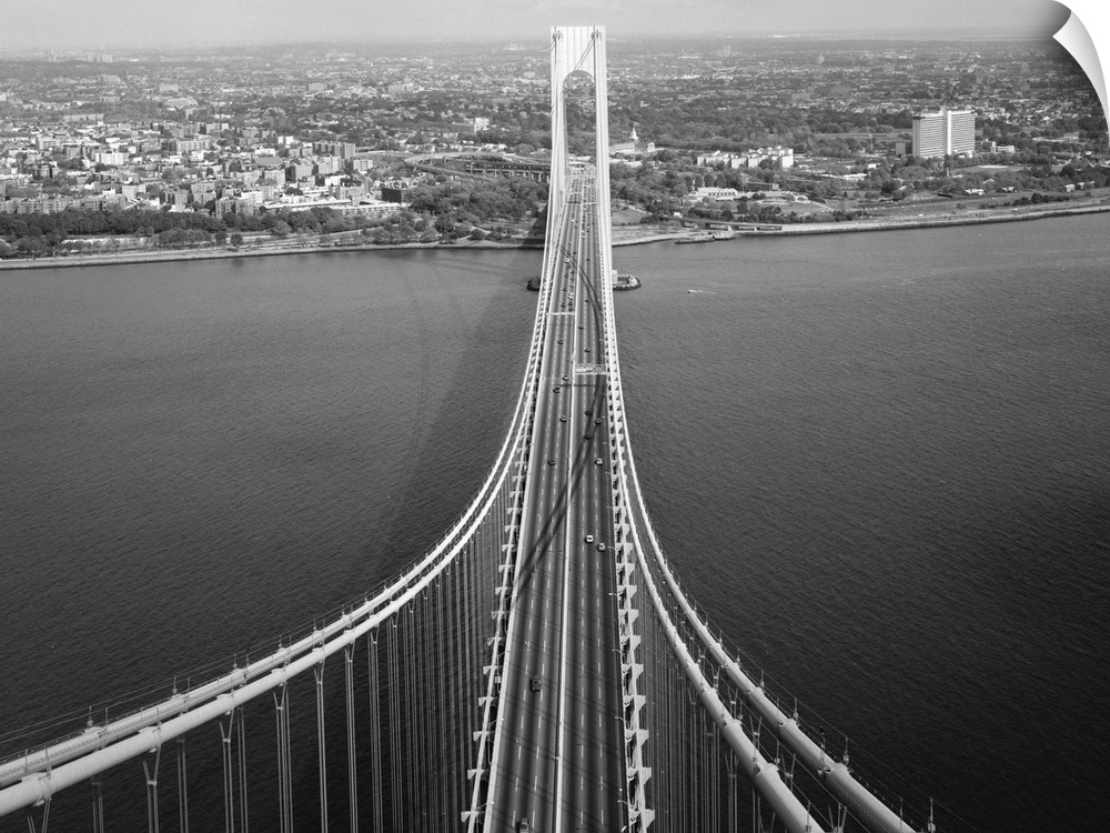 View of the Verrazzano-Narrows bridge looking north toward Brooklyn from Staten Island, New York City. Photograph, c1970.