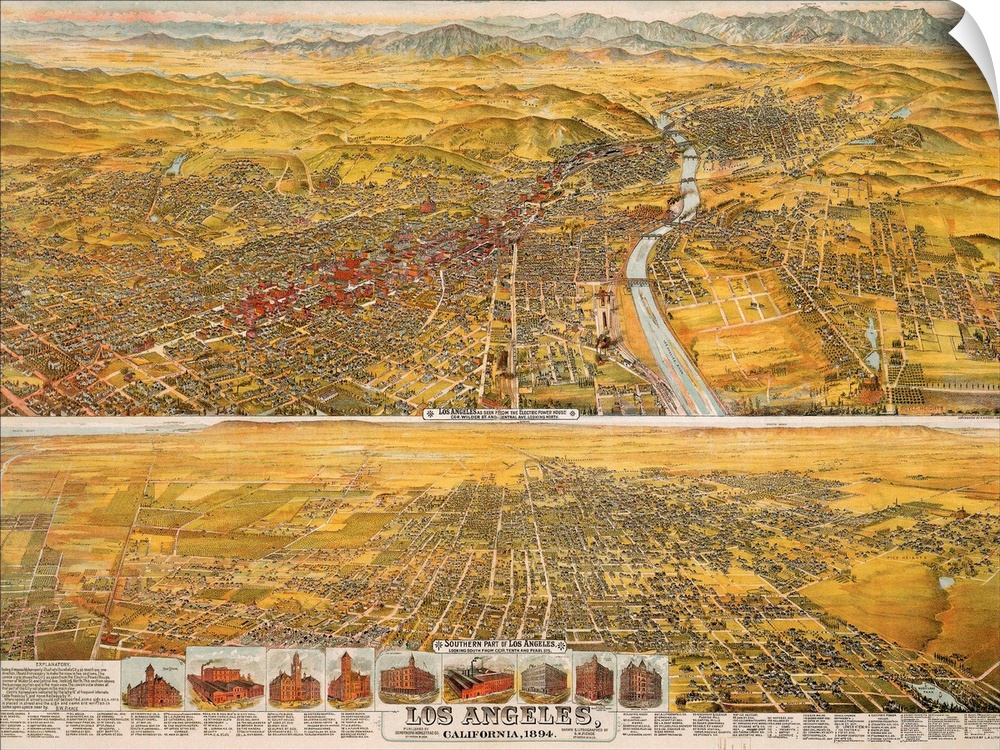 View Of Los Angeles, 1894. Bird's-Eye View Of Los Angeles, California, Facing North (Top) And South (Bottom), Lithograph, ...