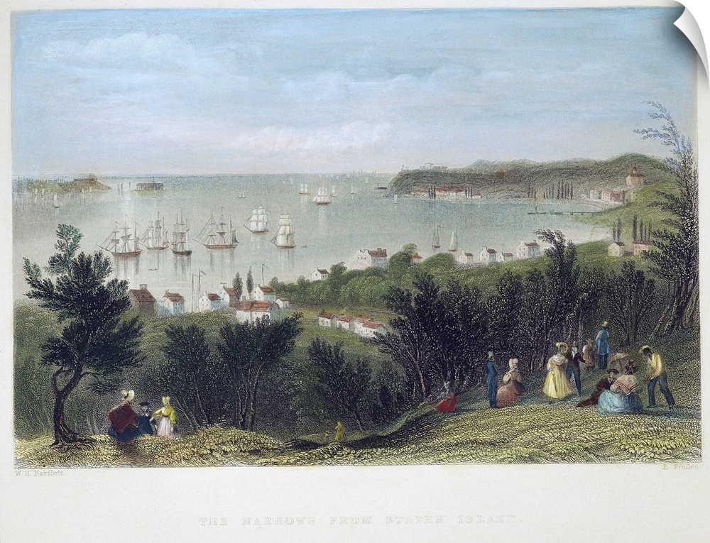 A view of the Narrows of New York Harbor from Staten Island. Steel engraving, 1837, after William Henry Bartlett.