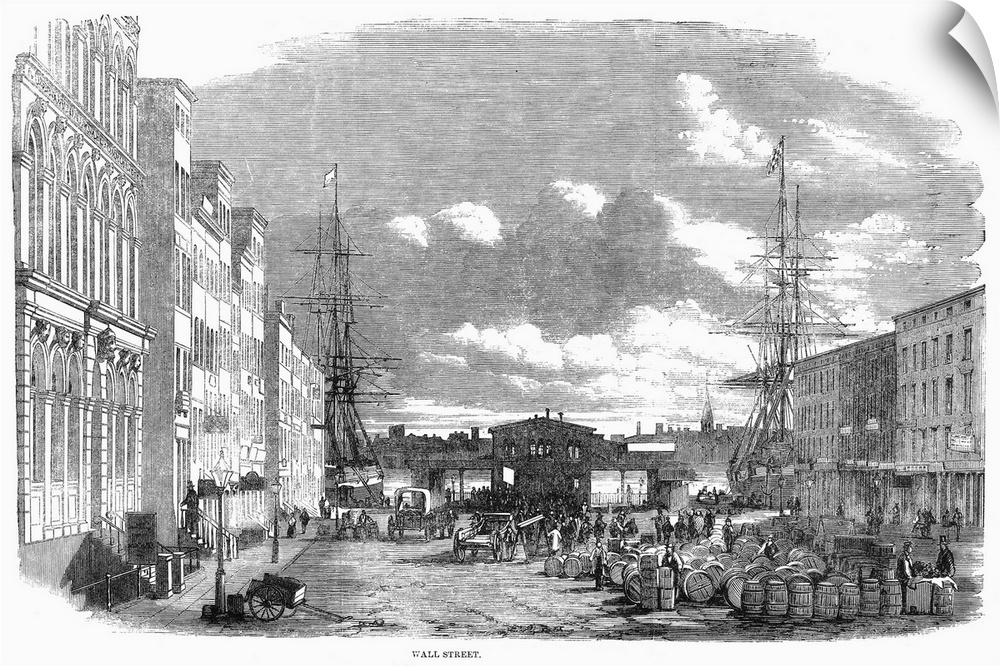 The eastern end of Wall Street, New York. Wood engraving from an English newspaper of 1859.